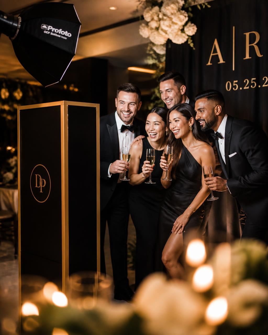 Guests enjoying a premium photo booth experience at an elegant event
